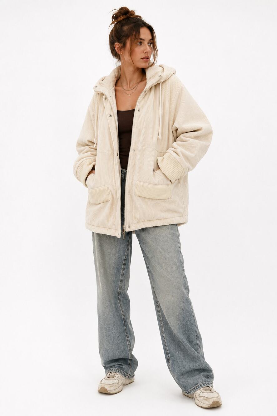 Vintage 90s Oversized Corduroy Puffer Coat Cream Quilted Womens Size L Cozy